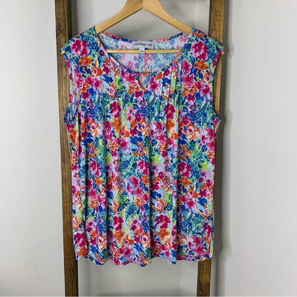 Southern Lady Colorful Floral Sleeveless Top L